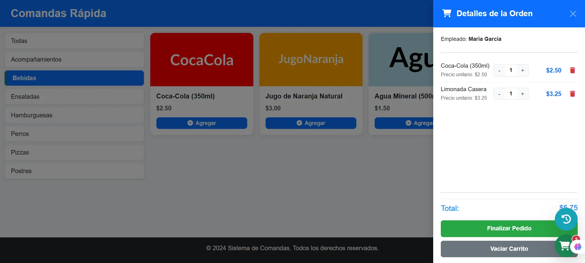 Captura de pantalla del sistema de gestión de restaurante
