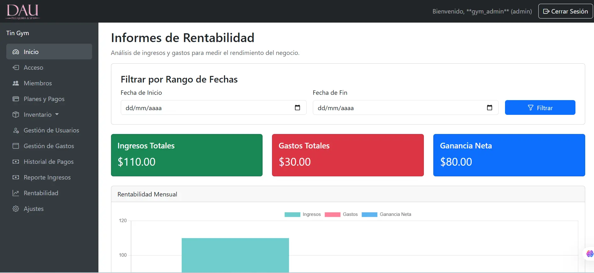 Captura de pantalla del sistema de gestión de Gym